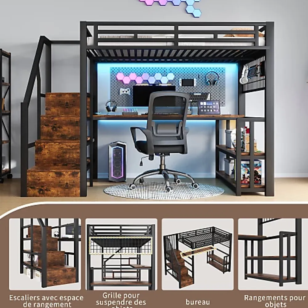 ModernLuxe Lit mezzanine 140x200 cm avec LED - avec penderie et bureau - 2 ports USB + 1 port Type-C - noir (matelas non inclus)* Lit Mezzanine