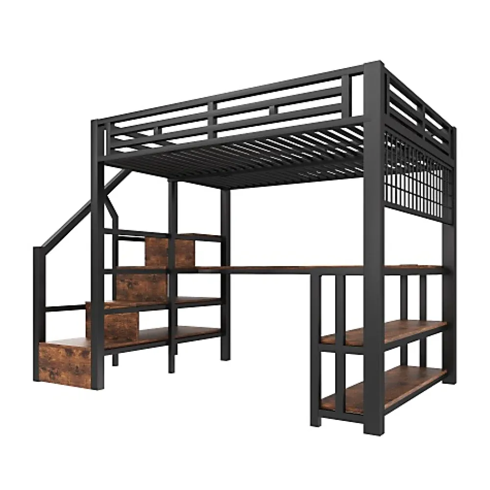ModernLuxe Lit mezzanine 140x200 cm avec LED - avec penderie et bureau - 2 ports USB + 1 port Type-C - noir (matelas non inclus)* Lit Mezzanine