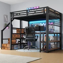 ModernLuxe Lit mezzanine 140x200 cm avec LED - avec penderie et bureau - 2 ports USB + 1 port Type-C - noir (matelas non inclus)* Lit Mezzanine