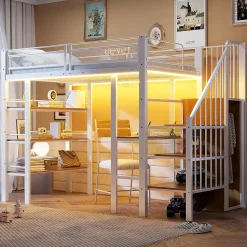 Lit mezzanine 90x200 cm avec LED et prise électrique - avec compartiments de rangement - avec étagère - blanc (matelas non inclus)>ModernLuxe