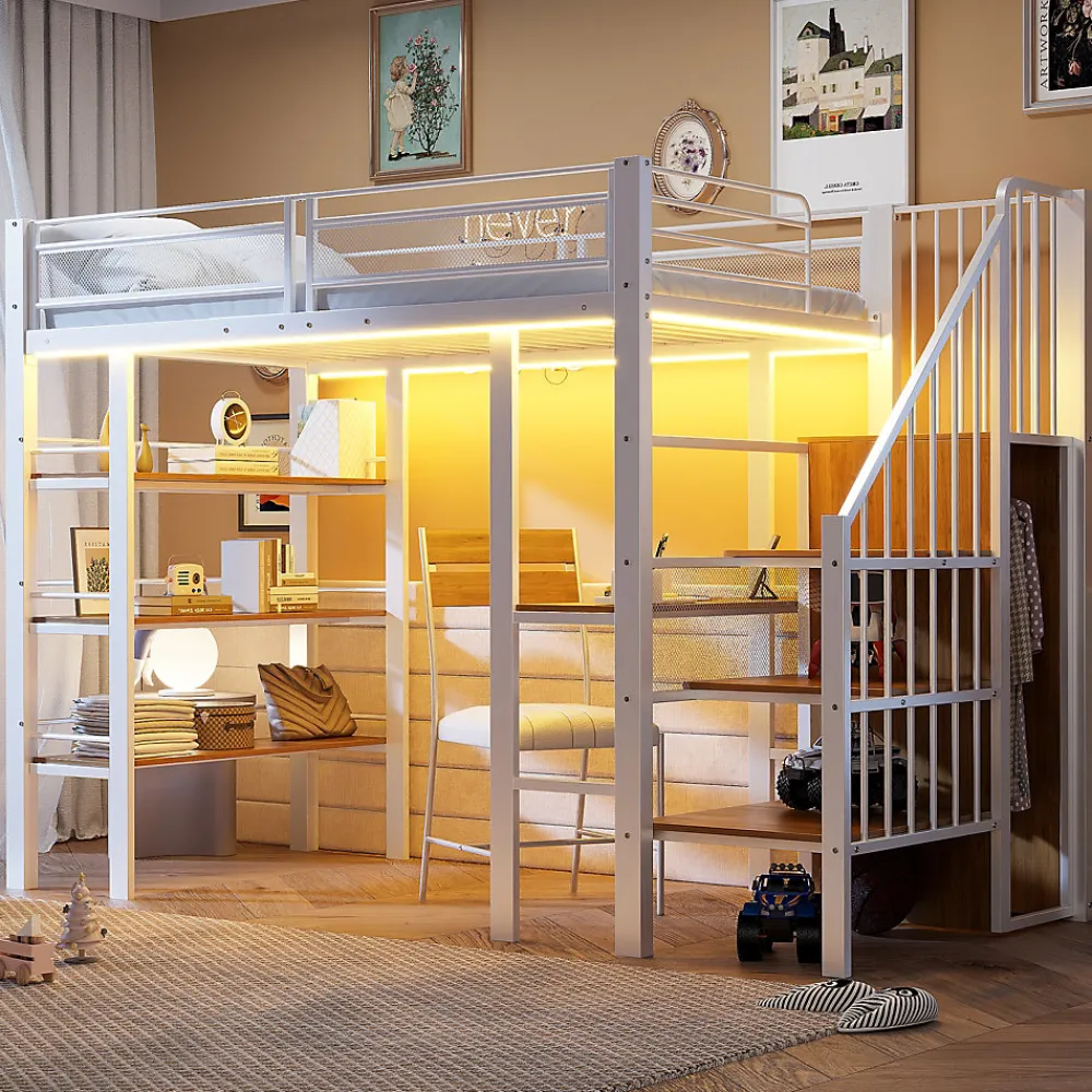 Lit mezzanine 90x200 cm avec LED et prise électrique - avec compartiments de rangement - avec étagère - blanc (matelas non inclus)>ModernLuxe