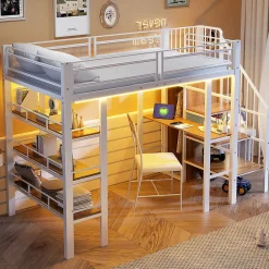 Lit mezzanine 90x200 cm avec LED et prise électrique - avec compartiments de rangement - avec étagère - blanc (matelas non inclus)>ModernLuxe