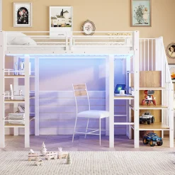Lit mezzanine 90x200 cm avec LED et prise électrique - avec compartiments de rangement - avec étagère - blanc (matelas non inclus)><noscript><img width=