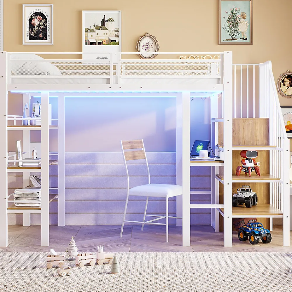 Lit mezzanine 90x200 cm avec LED et prise électrique - avec compartiments de rangement - avec étagère - blanc (matelas non inclus)>ModernLuxe