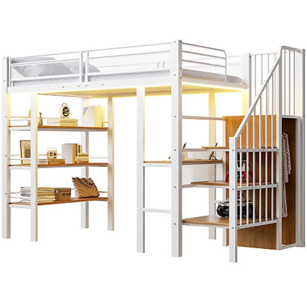 Lit mezzanine 90x200 cm avec LED et prise électrique - avec compartiments de rangement - avec étagère - blanc (matelas non inclus)>ModernLuxe