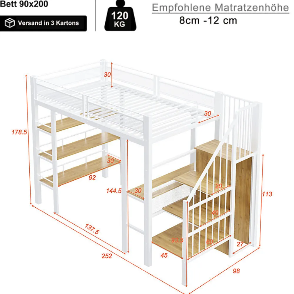 Lit mezzanine 90x200 cm avec LED et prise électrique - avec compartiments de rangement - avec étagère - blanc (matelas non inclus)>ModernLuxe