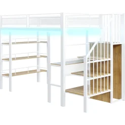 Lit mezzanine 90x200 cm avec LED et prise électrique - avec compartiments de rangement - avec étagère - blanc (matelas non inclus)><noscript><img width=