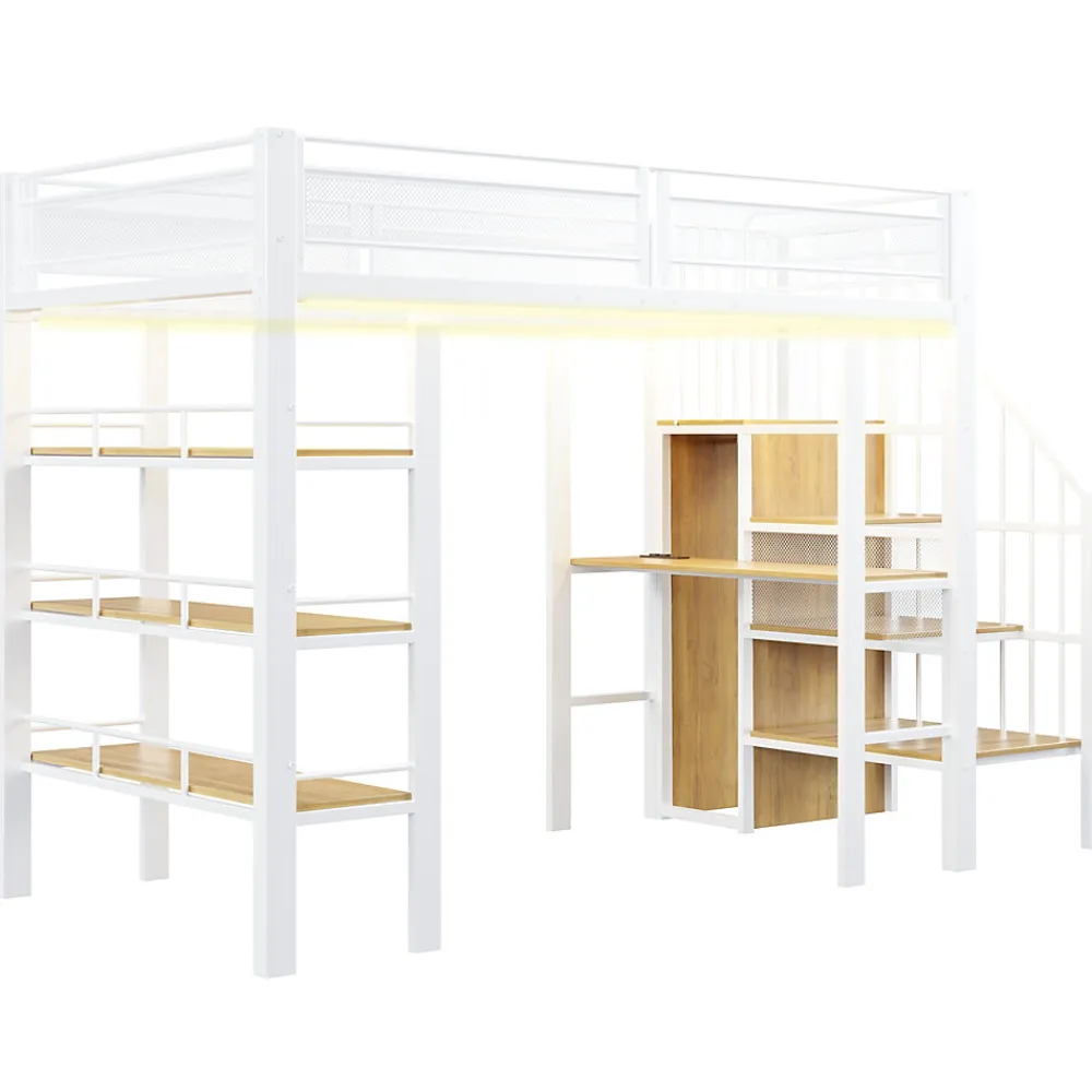 Lit mezzanine 90x200 cm avec LED et prise électrique - avec compartiments de rangement - avec étagère - blanc (matelas non inclus)>ModernLuxe