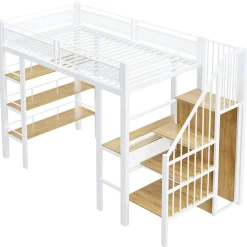 Lit mezzanine 90x200 cm avec LED et prise électrique - avec compartiments de rangement - avec étagère - blanc (matelas non inclus)><noscript><img width=