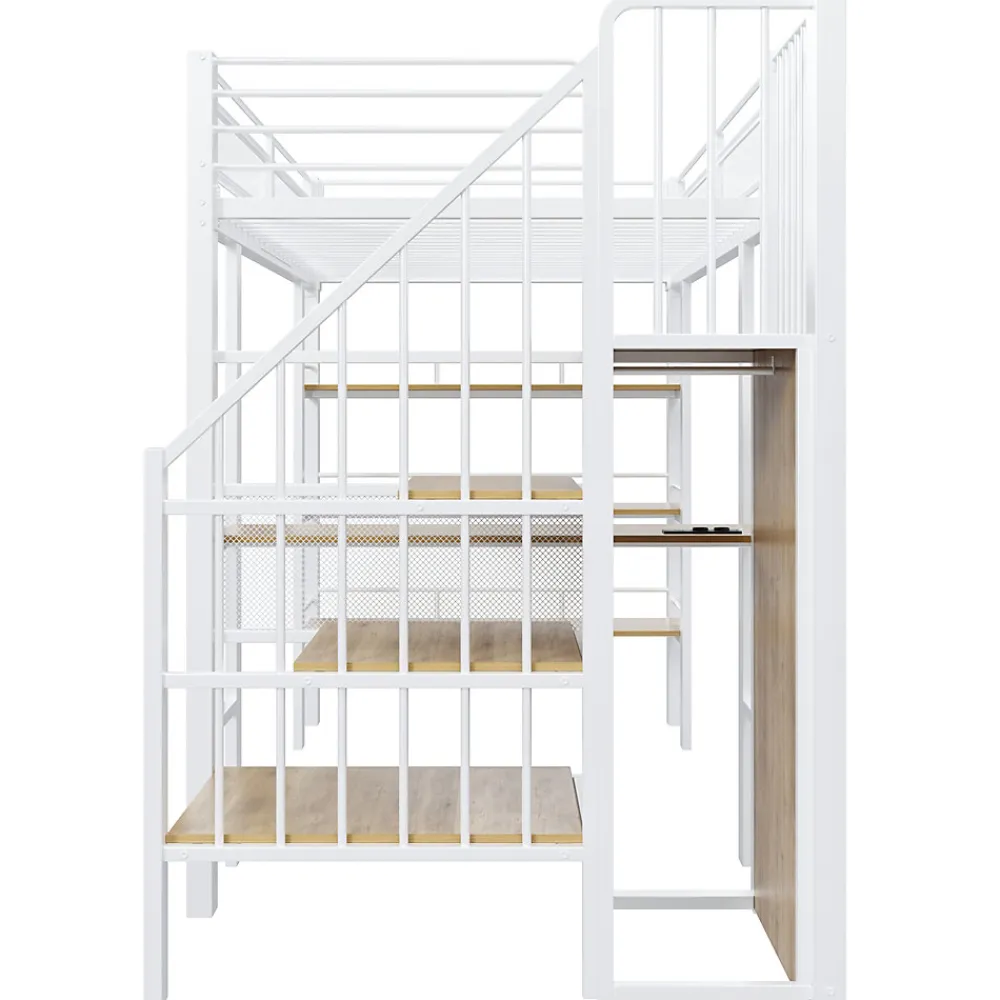 Lit mezzanine 90x200 cm avec LED et prise électrique - avec compartiments de rangement - avec étagère - blanc (matelas non inclus)>ModernLuxe