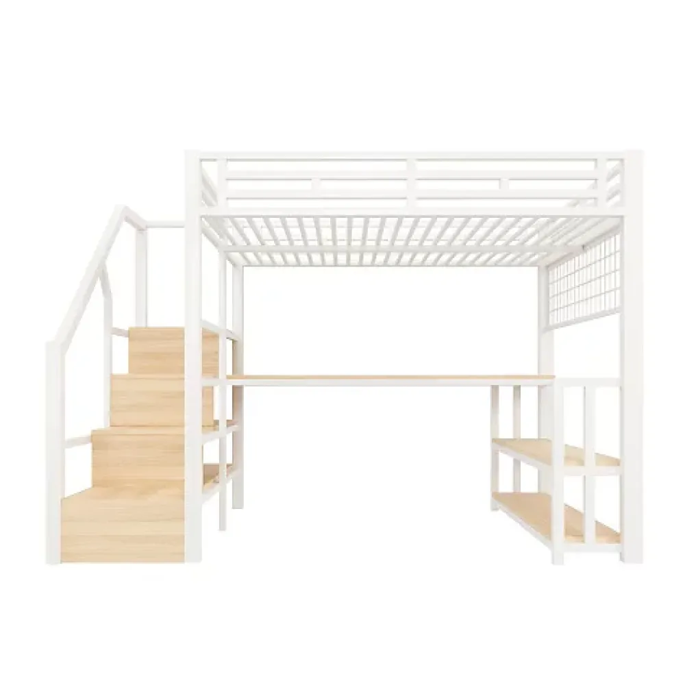 ModernLuxe Lit mezzanine 140x200 cm avec LED - avec penderie et bureau - 2 ports USB + 1 port Type-C - blanc (matelas non inclus)* Lit Mezzanine