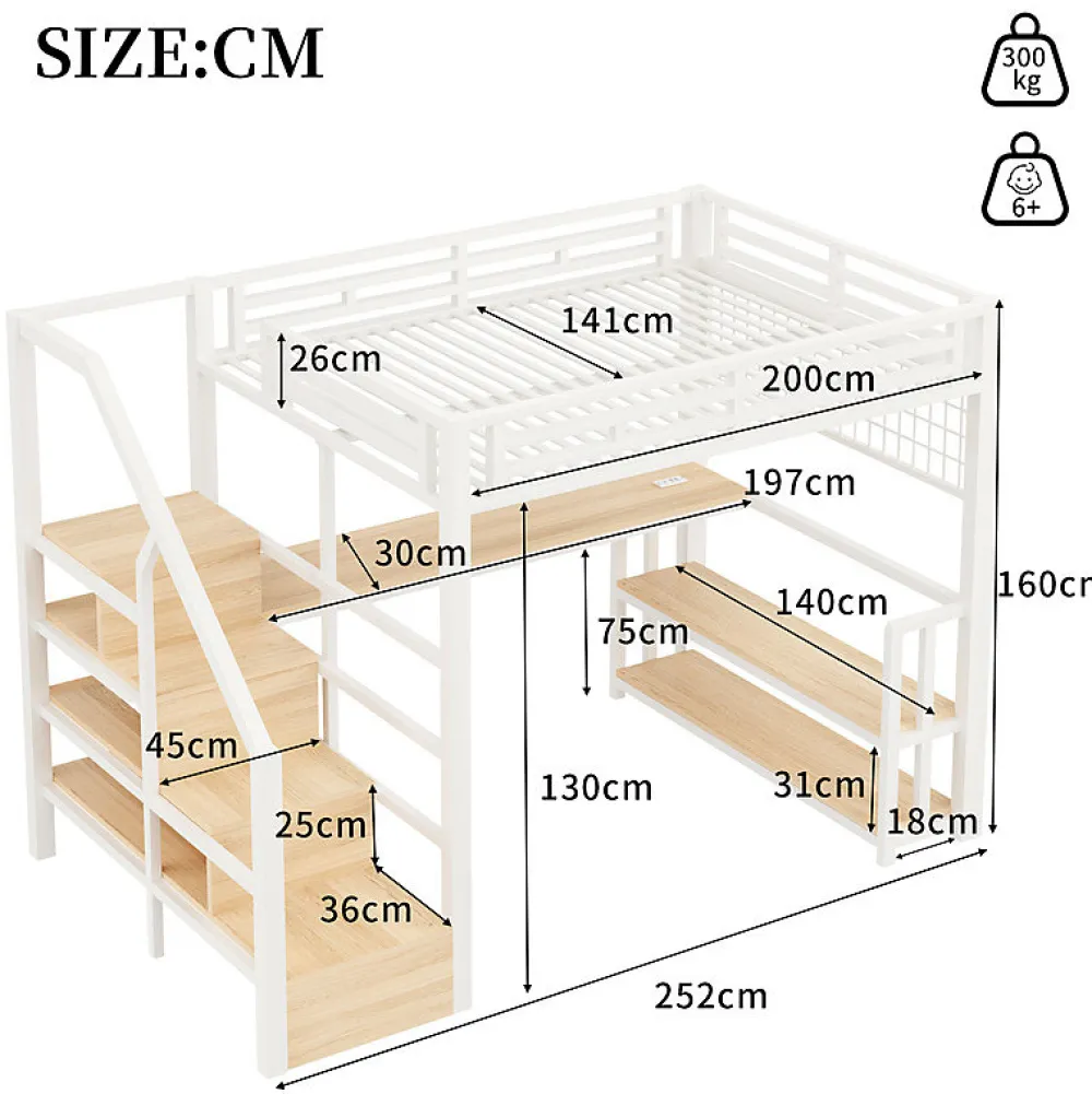 ModernLuxe Lit mezzanine 140x200 cm avec LED - avec penderie et bureau - 2 ports USB + 1 port Type-C - blanc (matelas non inclus)* Lit Mezzanine