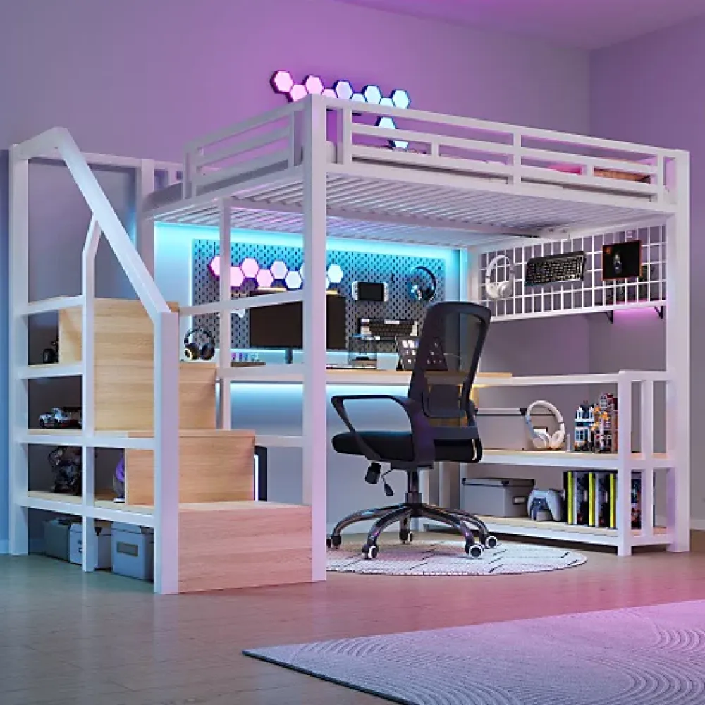 ModernLuxe Lit mezzanine 140x200 cm avec LED - avec penderie et bureau - 2 ports USB + 1 port Type-C - blanc (matelas non inclus)* Lit Mezzanine