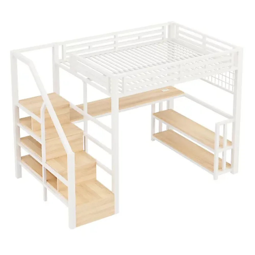 ModernLuxe Lit mezzanine 140x200 cm avec LED - avec penderie et bureau - 2 ports USB + 1 port Type-C - blanc (matelas non inclus)* Lit Mezzanine