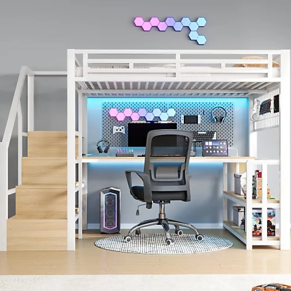 ModernLuxe Lit mezzanine 140x200 cm avec LED - avec penderie et bureau - 2 ports USB + 1 port Type-C - blanc (matelas non inclus)* Lit Mezzanine