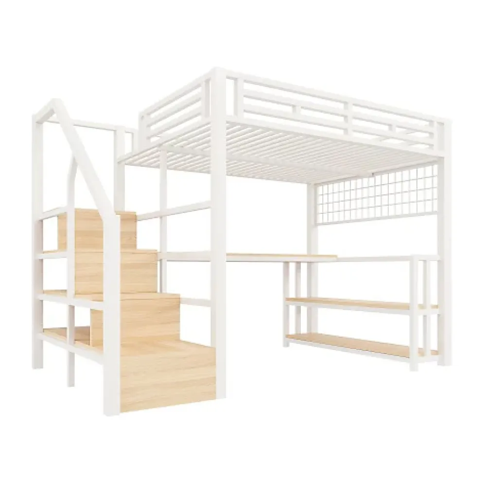 ModernLuxe Lit mezzanine 140x200 cm avec LED - avec penderie et bureau - 2 ports USB + 1 port Type-C - blanc (matelas non inclus)* Lit Mezzanine