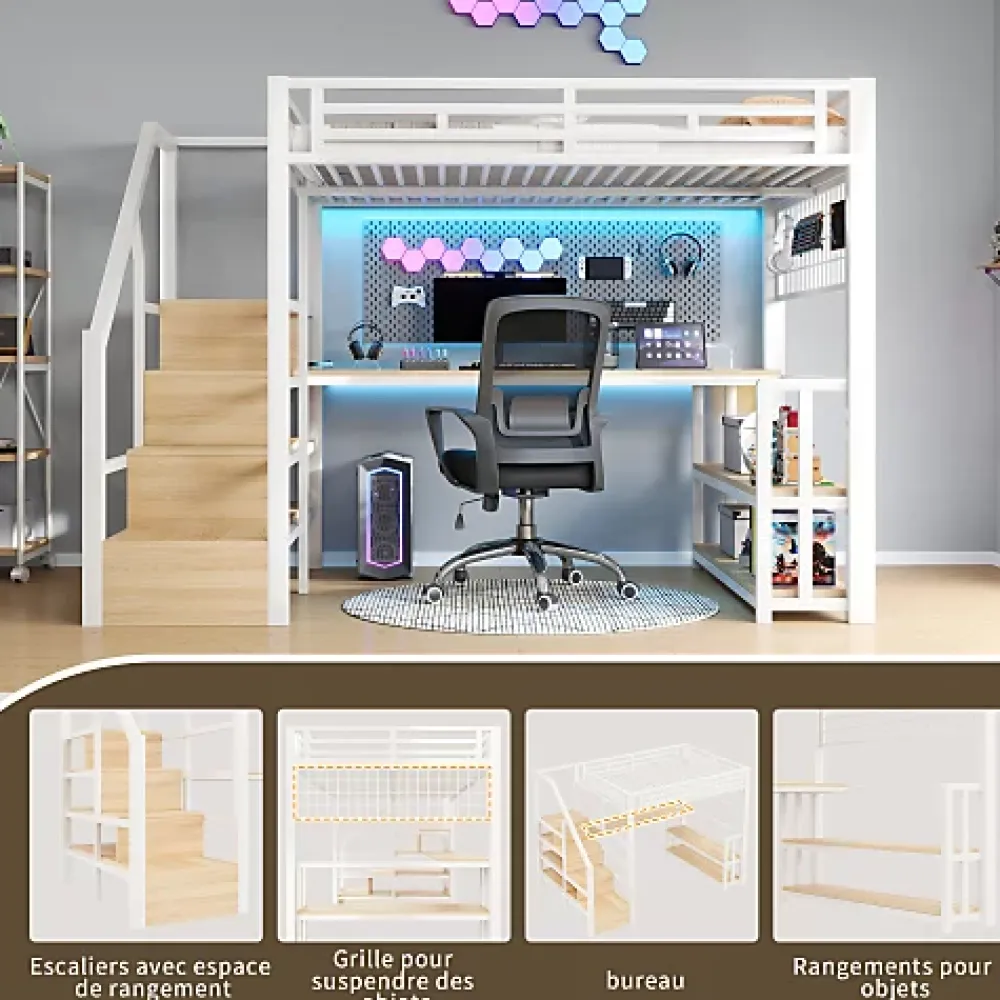 ModernLuxe Lit mezzanine 140x200 cm avec LED - avec penderie et bureau - 2 ports USB + 1 port Type-C - blanc (matelas non inclus)* Lit Mezzanine