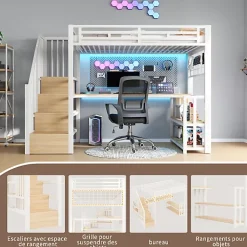 ModernLuxe Lit mezzanine 90x200 cm avec LED - avec penderie et bureau - 2 ports USB + 1 port Type-C - blanc (matelas non inclus)* Lit Mezzanine