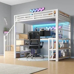 ModernLuxe Lit mezzanine 90x200 cm avec LED - avec penderie et bureau - 2 ports USB + 1 port Type-C - blanc (matelas non inclus)* Lit Mezzanine