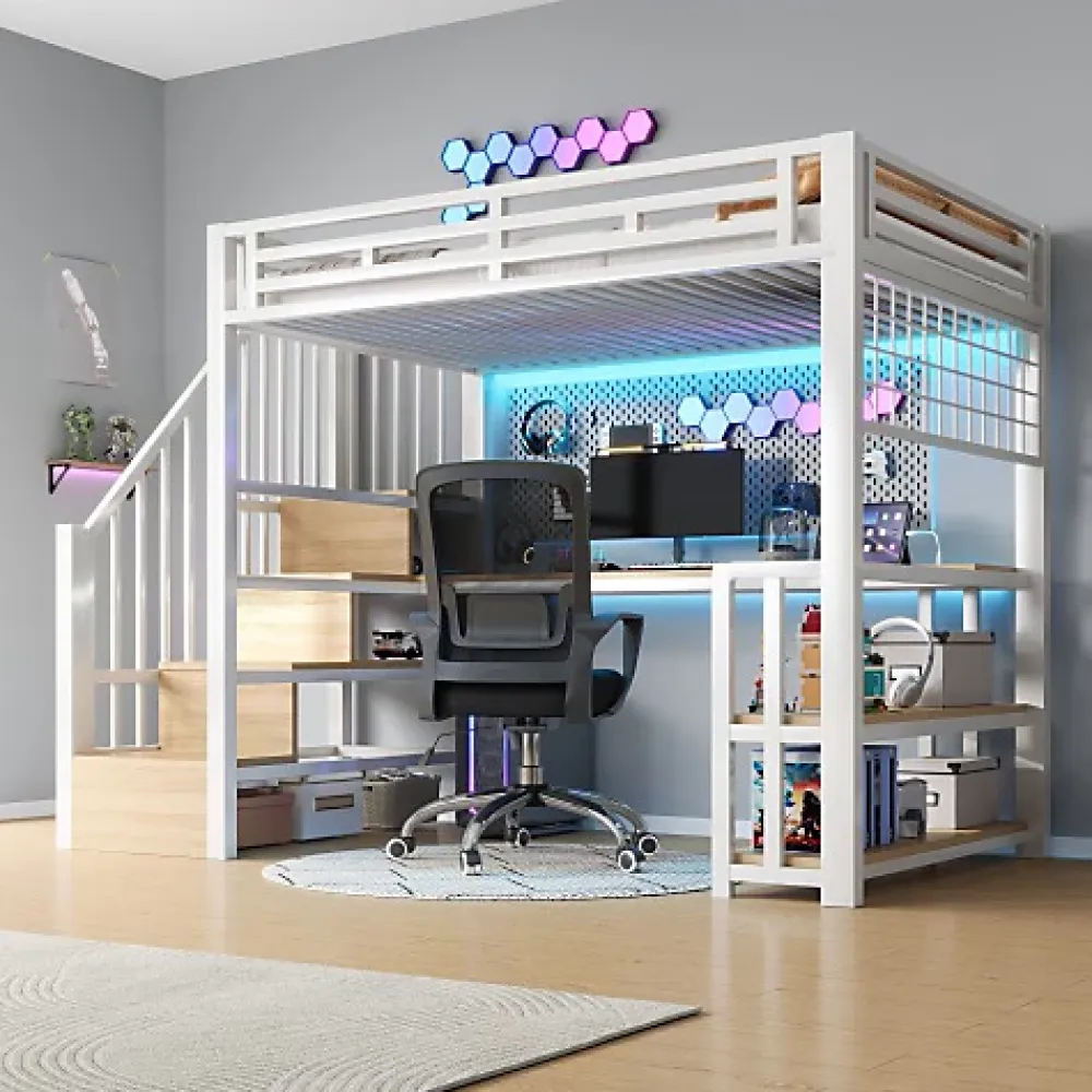 ModernLuxe Lit mezzanine 90x200 cm avec LED - avec penderie et bureau - 2 ports USB + 1 port Type-C - blanc (matelas non inclus)* Lit Mezzanine