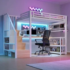 ModernLuxe Lit mezzanine 90x200 cm avec LED - avec penderie et bureau - 2 ports USB + 1 port Type-C - blanc (matelas non inclus)* Lit Mezzanine