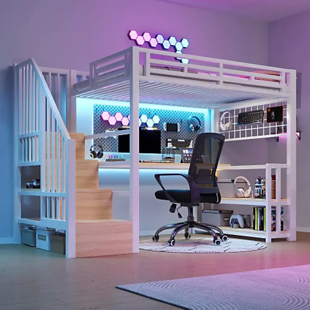 ModernLuxe Lit mezzanine 90x200 cm avec LED - avec penderie et bureau - 2 ports USB + 1 port Type-C - blanc (matelas non inclus)* Lit Mezzanine
