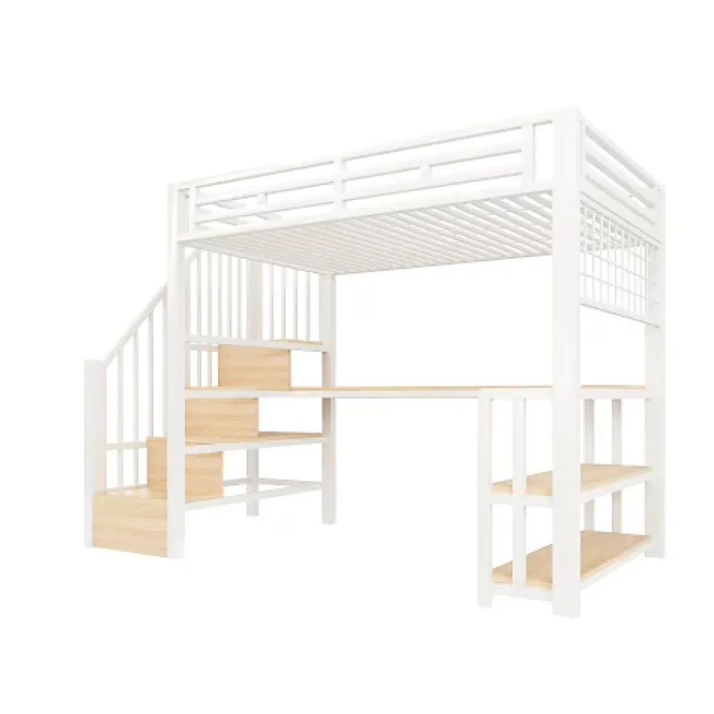 ModernLuxe Lit mezzanine 90x200 cm avec LED - avec penderie et bureau - 2 ports USB + 1 port Type-C - blanc (matelas non inclus)* Lit Mezzanine