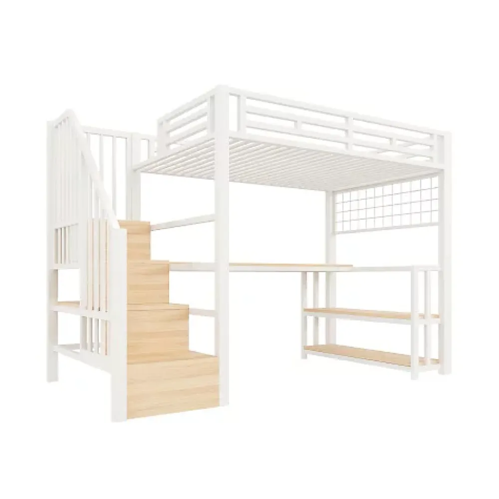 ModernLuxe Lit mezzanine 90x200 cm avec LED - avec penderie et bureau - 2 ports USB + 1 port Type-C - blanc (matelas non inclus)* Lit Mezzanine