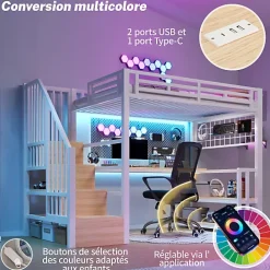 ModernLuxe Lit mezzanine 90x200 cm avec LED - avec penderie et bureau - 2 ports USB + 1 port Type-C - blanc (matelas non inclus)* Lit Mezzanine