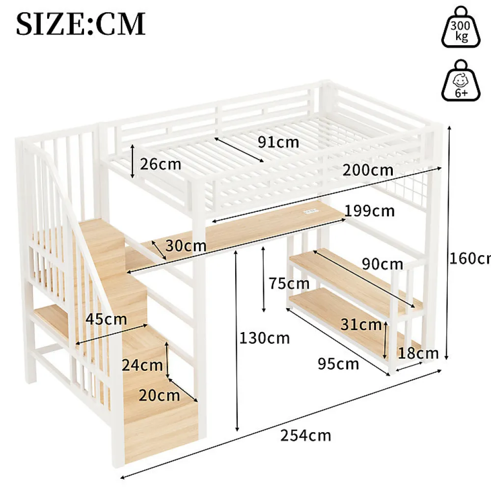 ModernLuxe Lit mezzanine 90x200 cm avec LED - avec penderie et bureau - 2 ports USB + 1 port Type-C - blanc (matelas non inclus)* Lit Mezzanine