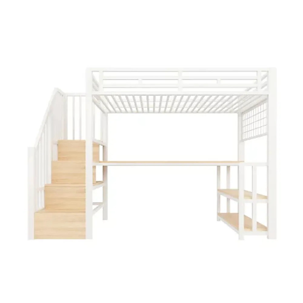 ModernLuxe Lit mezzanine 90x200 cm avec LED - avec penderie et bureau - 2 ports USB + 1 port Type-C - blanc (matelas non inclus)* Lit Mezzanine