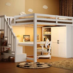 Lit mezzanine 140x200 cm avec LED - avec bureau et armoire - échelle de rangement - port USB - blanc (sans matelas)>ModernLuxe