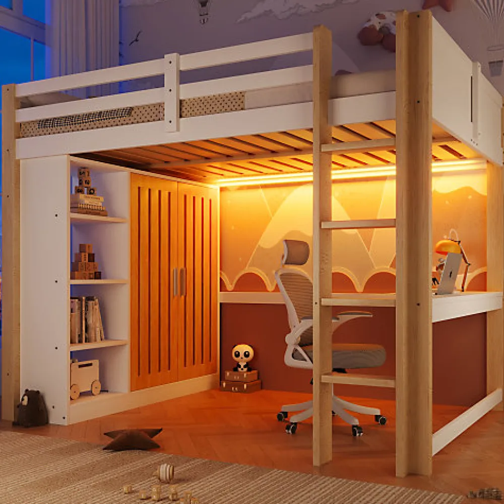 Lit mezzanine 140x200 cm avec LED - avec armoire - avec étagères et bureau - blanc + naturel (matelas non inclus)>ModernLuxe Discount