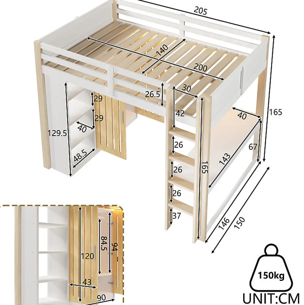 Lit mezzanine 140x200 cm avec LED - avec armoire - avec étagères et bureau - blanc + naturel (matelas non inclus)>ModernLuxe Discount