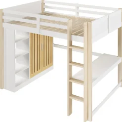 Lit mezzanine 140x200 cm avec LED - avec armoire - avec étagères et bureau - blanc + naturel (matelas non inclus)><noscript><img width=