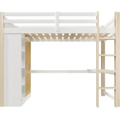 Lit mezzanine 140x200 cm avec LED - avec armoire - avec étagères et bureau - blanc + naturel (matelas non inclus)><noscript><img width=