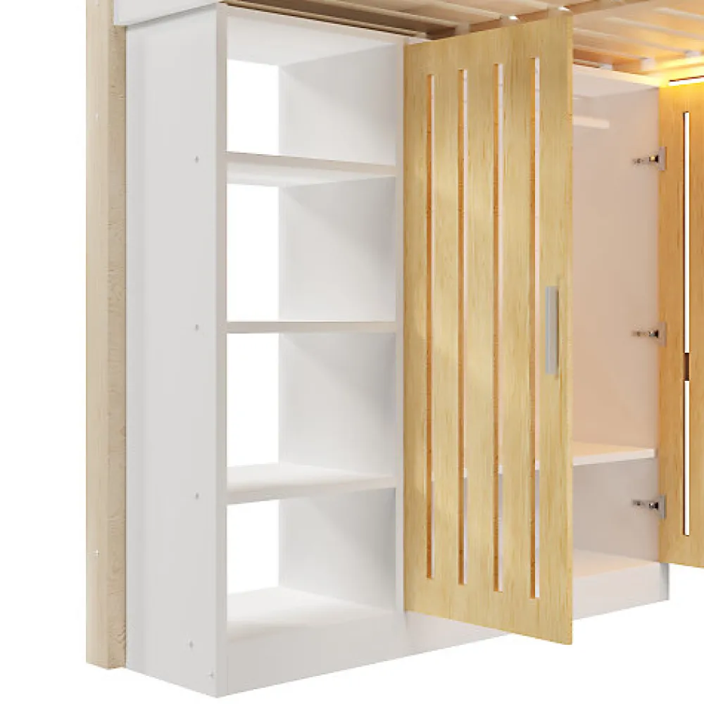 Lit mezzanine 140x200 cm avec LED - avec armoire - avec étagères et bureau - blanc + naturel (matelas non inclus)>ModernLuxe Discount
