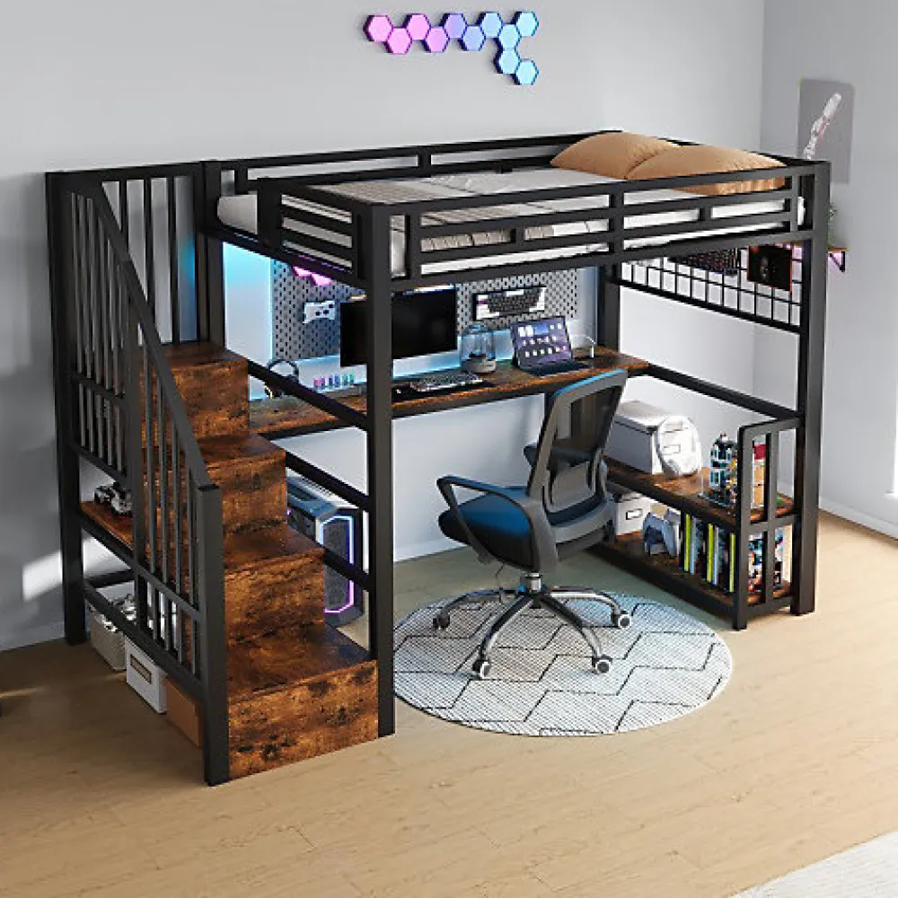 Lit mezzanine 90x200 cm avec LED - avec penderie et bureau - 2 ports USB + 1 port Type-C - noir (matelas non inclus)>ModernLuxe Best