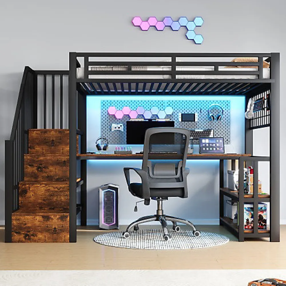 Lit mezzanine 90x200 cm avec LED - avec penderie et bureau - 2 ports USB + 1 port Type-C - noir (matelas non inclus)>ModernLuxe Best