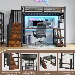 Lit mezzanine 90x200 cm avec LED - avec penderie et bureau - 2 ports USB + 1 port Type-C - noir (matelas non inclus)><noscript><img width=