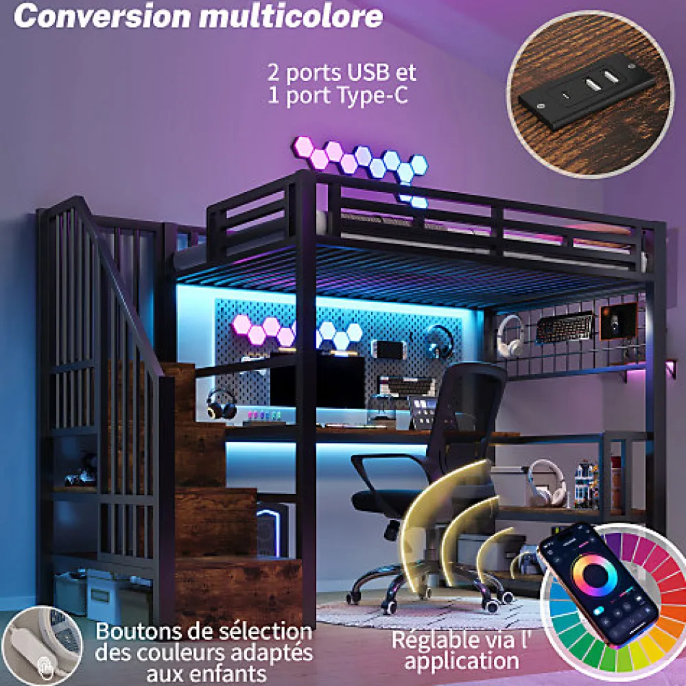Lit mezzanine 90x200 cm avec LED - avec penderie et bureau - 2 ports USB + 1 port Type-C - noir (matelas non inclus)>ModernLuxe Best