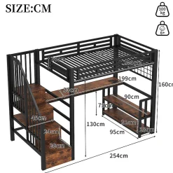 Lit mezzanine 90x200 cm avec LED - avec penderie et bureau - 2 ports USB + 1 port Type-C - noir (matelas non inclus)><noscript><img width=