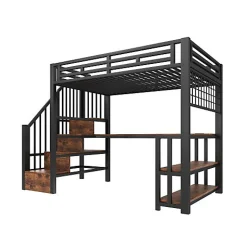 Lit mezzanine 90x200 cm avec LED - avec penderie et bureau - 2 ports USB + 1 port Type-C - noir (matelas non inclus)><noscript><img width=