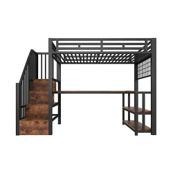 Lit mezzanine 90x200 cm avec LED - avec penderie et bureau - 2 ports USB + 1 port Type-C - noir (matelas non inclus)><noscript><img width=