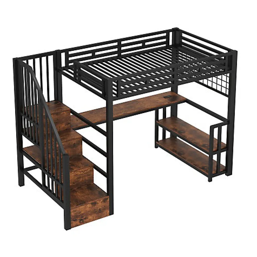 Lit mezzanine 90x200 cm avec LED - avec penderie et bureau - 2 ports USB + 1 port Type-C - noir (matelas non inclus)>ModernLuxe Best