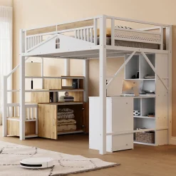 Lit mezzanine 140x200 cm avec rangement sous marches, garde-corps fenêtre et structure métal/bois>Redom Outlet