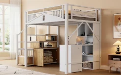 Lit mezzanine 140x200 cm avec rangement sous marches, garde-corps fenêtre et structure métal/bois><noscript><img width=
