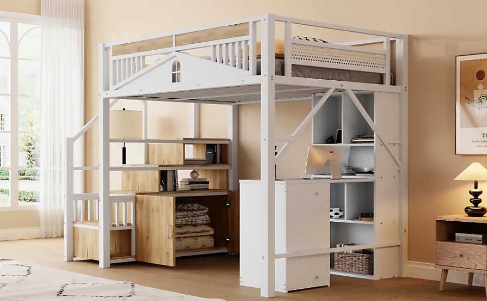 Lit mezzanine 140x200 cm avec rangement sous marches, garde-corps fenêtre et structure métal/bois>Redom Outlet