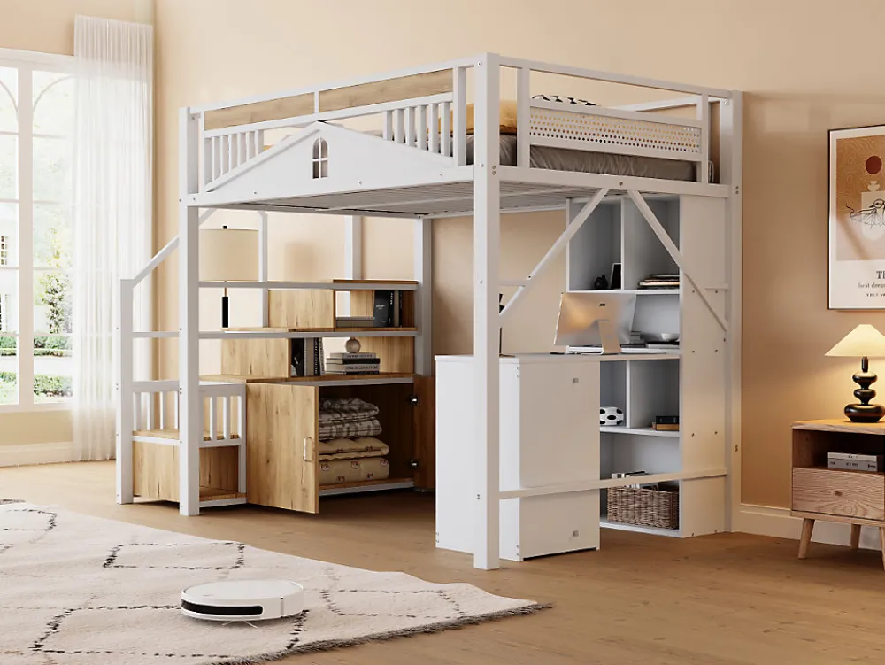 Lit mezzanine 140x200 cm avec rangement sous marches, garde-corps fenêtre et structure métal/bois>Redom Outlet