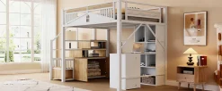 Lit mezzanine 140x200 cm avec rangement sous marches, garde-corps fenêtre et structure métal/bois><noscript><img width=